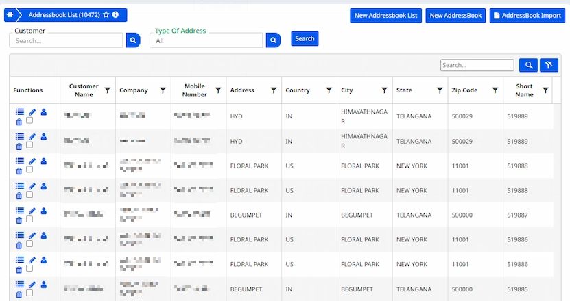 Address Book dashboard showing customer management interface