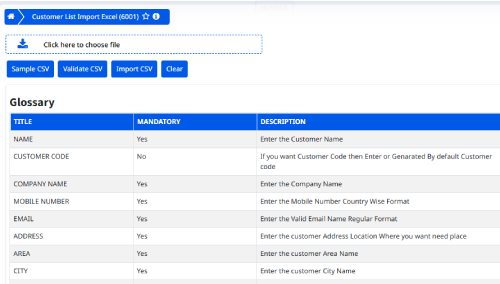 Bulk Customer Import Interface showing CSV import workflow