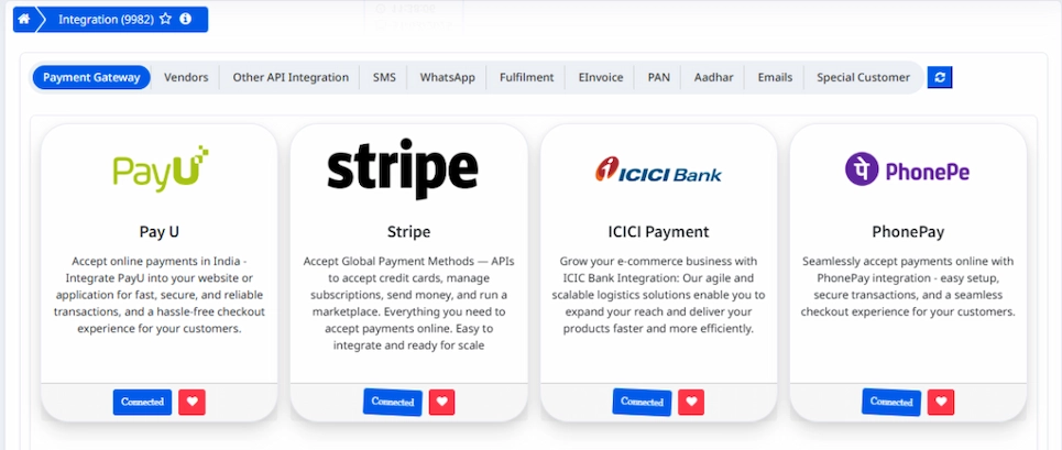 Payment Gateways Dashboard Payment Gateways Dashboard showing integrated payment processing interface