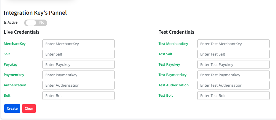Payment Gateway Configuration Interface showing integrated gateway setup
